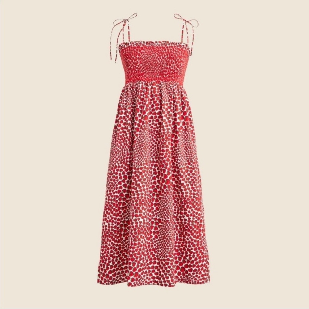 J. Crew Strawberry Smocked Midi Dress with Tie Shoulders